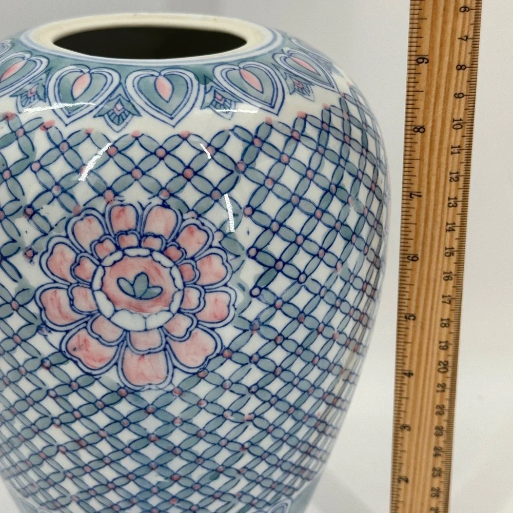 Vintage Blue White Pink Chinoiserie Ginger Jar Vase Ceramic 9